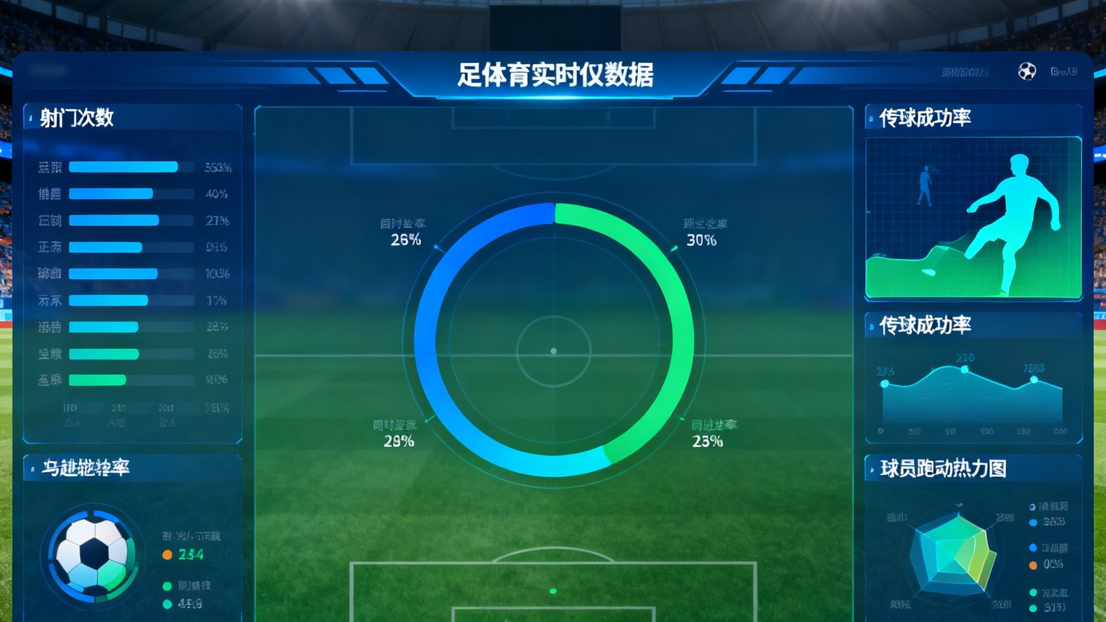 B体育实时赛事数据仪表盘界面，中央显示着一场足球比赛的实时控球率环形图，两侧列有射门次数、传球成功率、球员跑动热力图等可视化数据模块。